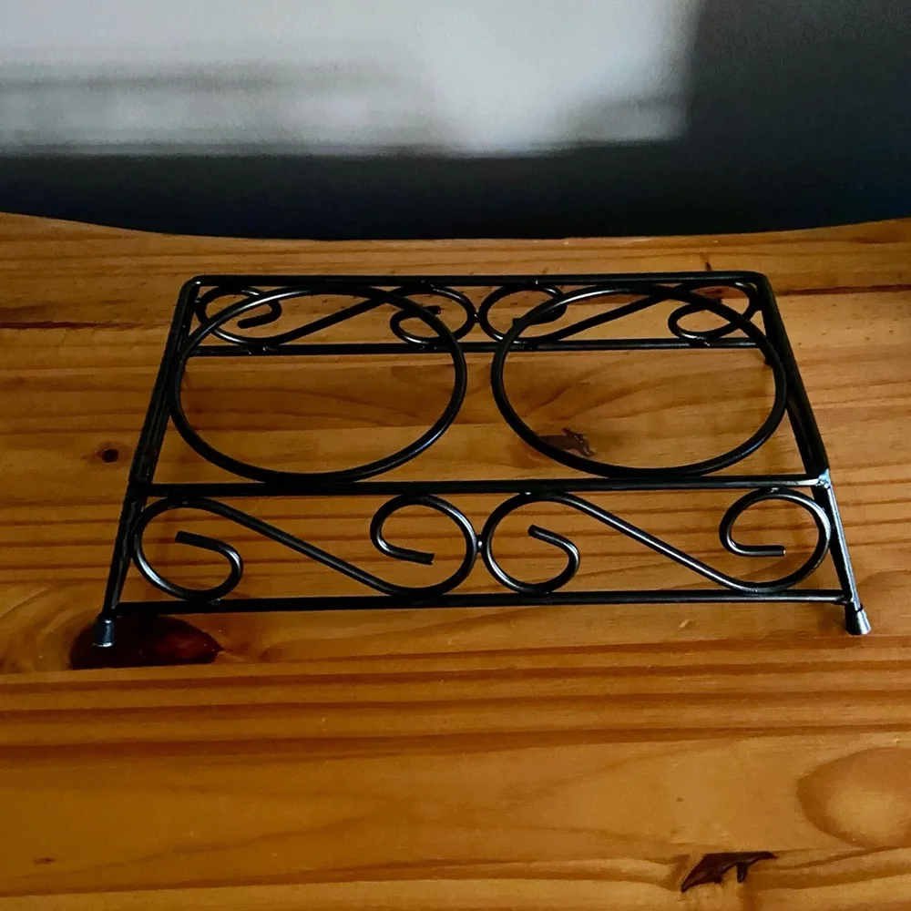 Vintage Dog Food and Water Bowl Stand in Black Metal